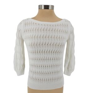 White House Black Market Sweater Sheer Knit 3/4 Sleeve Open Keyhole Back Small